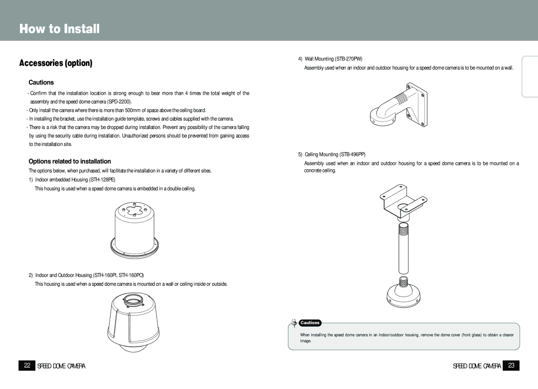 Samsung SPD-2200 manual Accessories option, Options related to installation, Wall Mounting STB-270PW 