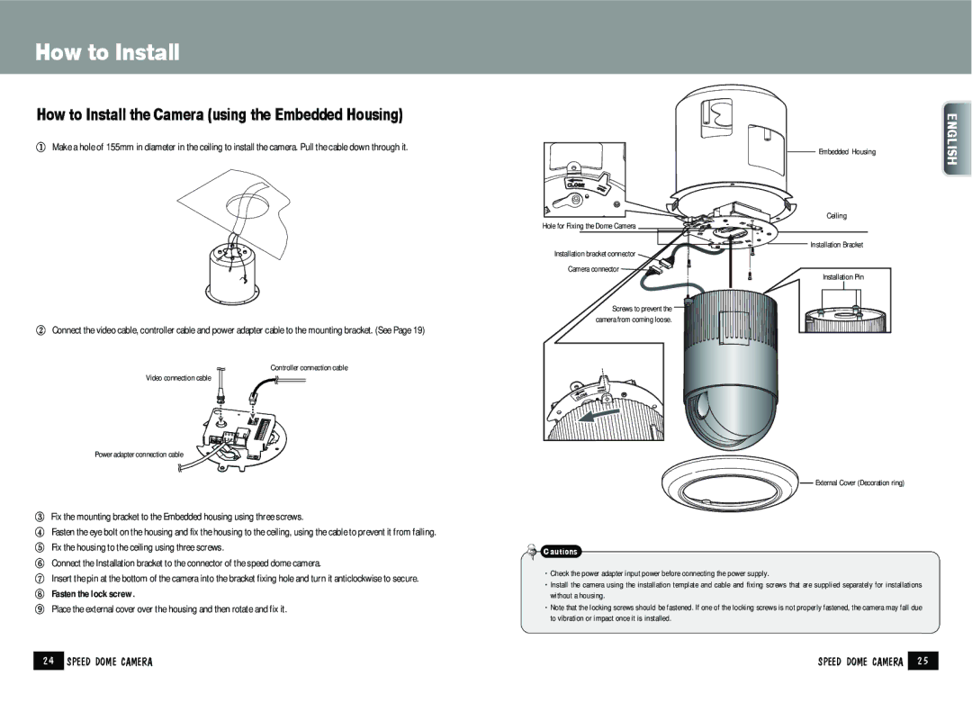 Samsung SPD-2200 manual How to Install the Camera using the Embedded Housing, ⑧ Fasten the lock screw 