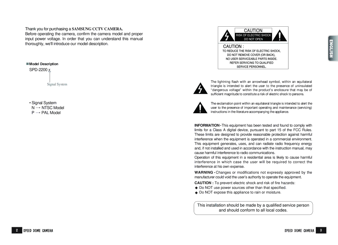 Samsung SPD-2200 manual Model Description, Speed Dome Camera 