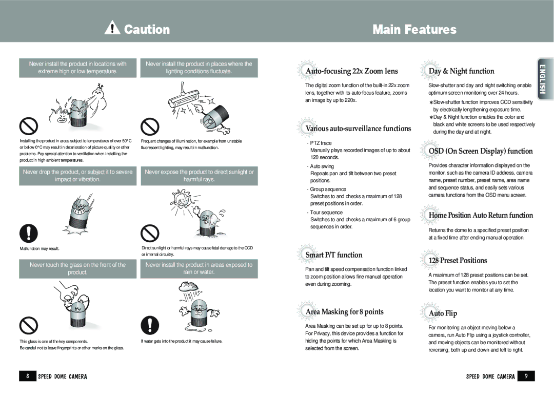 Samsung SPD-2200 manual Main Features, Extreme high or low temperature 