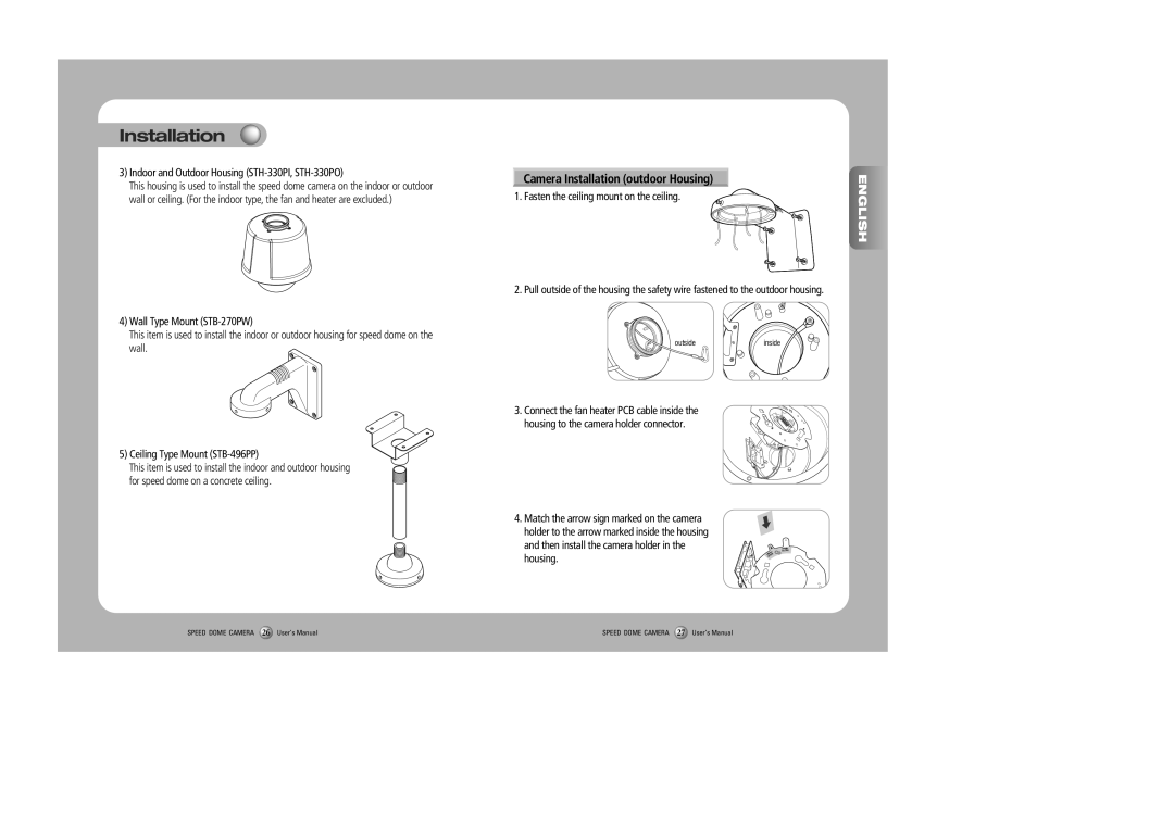 Samsung SPD-2300, SPD-3000 user manual Camera Installation outdoor Housing, Indoor and Outdoor Housing STH-330PI, STH-330PO 