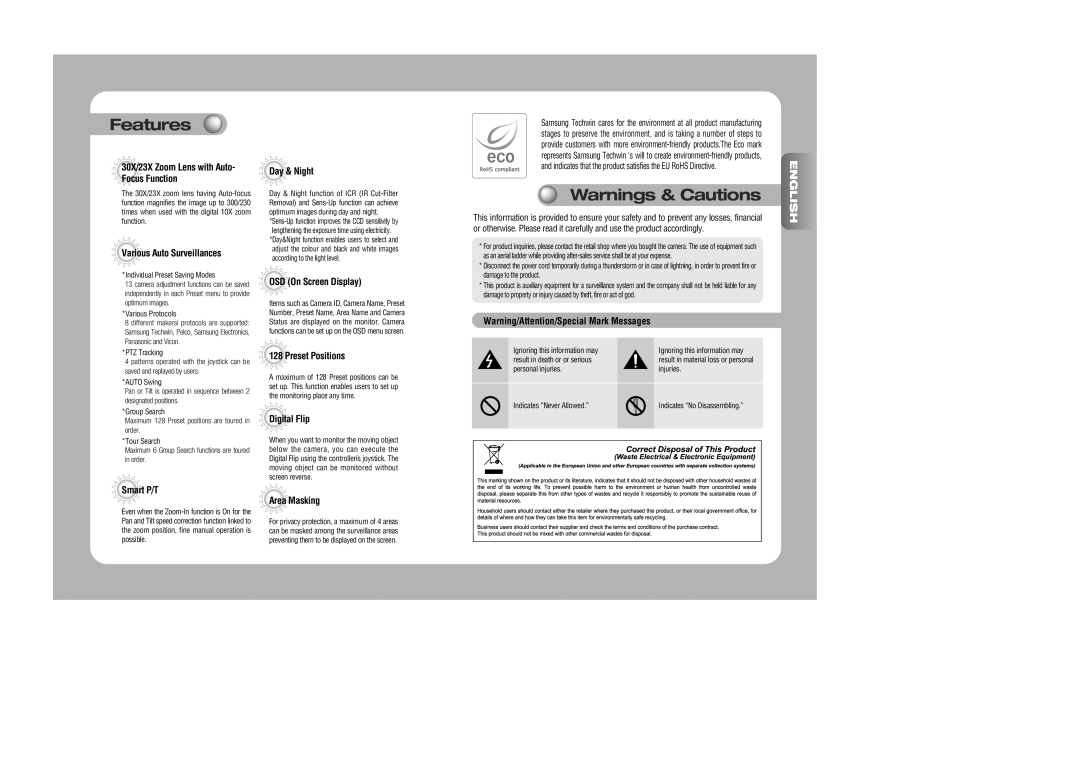 Samsung SPD-3000, SPD-2300 user manual Features, 30X/23X Zoom Lens with Auto- Focus Function 