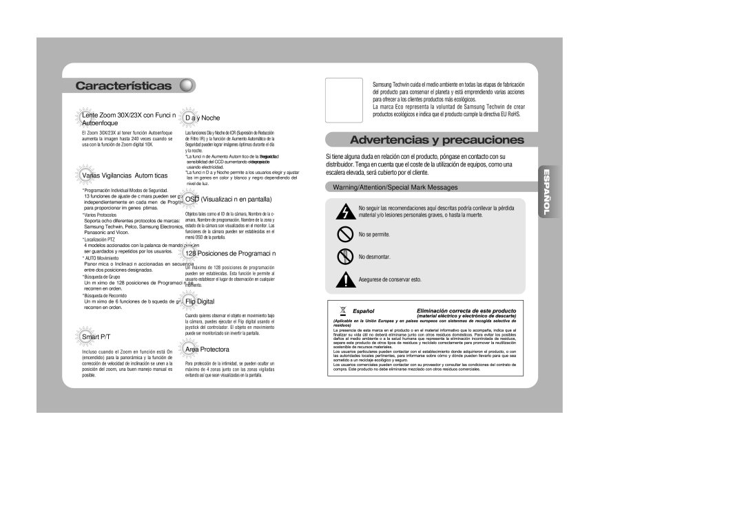 Samsung SPD-3000, SPD-2300 user manual Características, Lente Zoom 30X/23X con Función Autoenfoque 