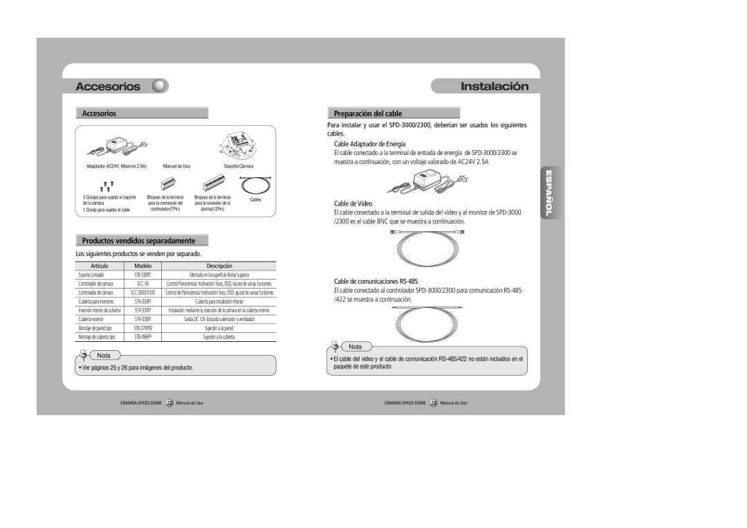 Samsung SPD-2300, SPD-3000 user manual Instalación, Accesorios, Preparación del cable, Productos vendidos separadamente 