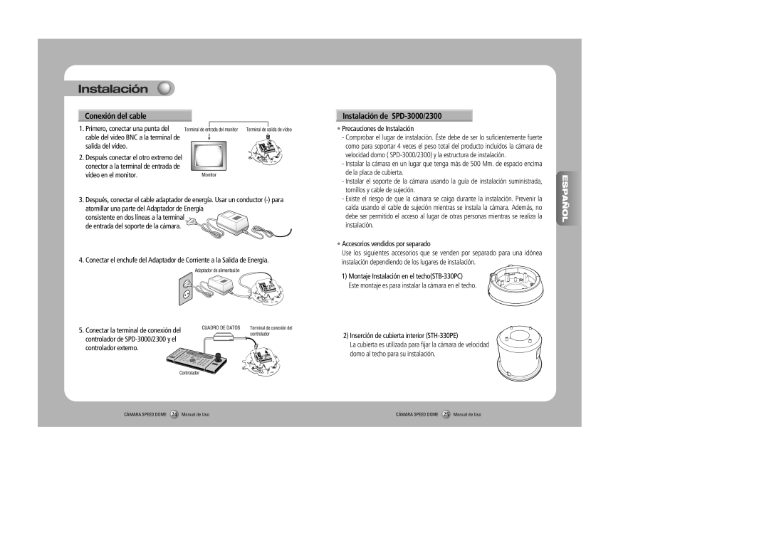 Samsung Conexión del cable Instalación de SPD-3000/2300, De la placa de cubierta, Tornillos y cable de sujeción 