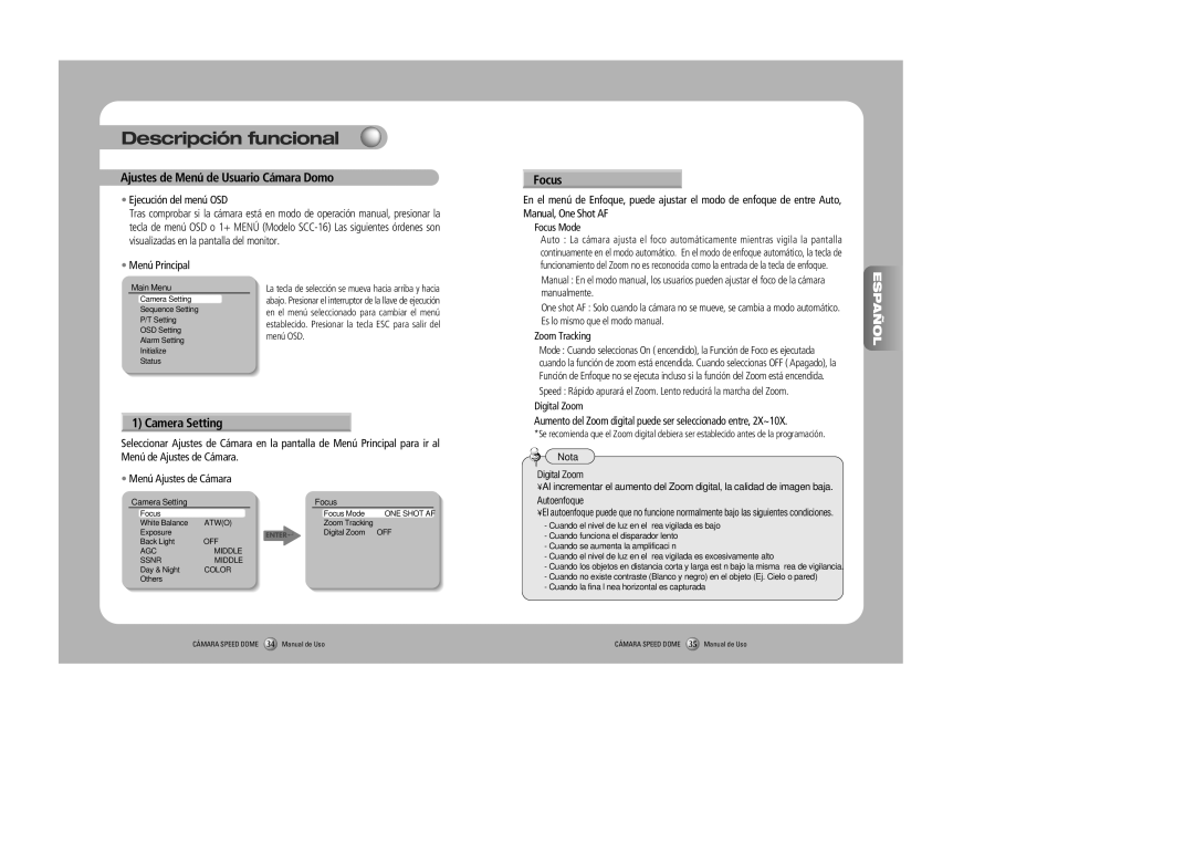 Samsung SPD-2300, SPD-3000 user manual Ajustes de Menú de Usuario Cámara Domo, Focus, Ejecución del menú OSD, Menú Principal 