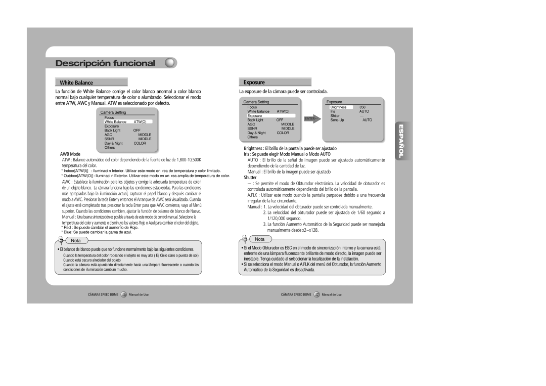 Samsung SPD-3000, SPD-2300 user manual La exposure de la cámara puede ser controlada, AWB Mode 