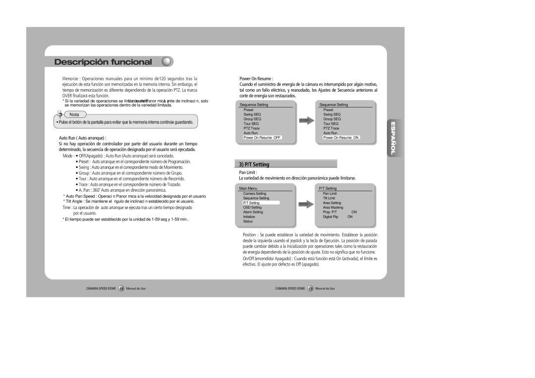 Samsung SPD-3000, SPD-2300 user manual Mode OFFApagado Auto Run Auto arranque será cancelado, Power On Resume, Pan Limit 