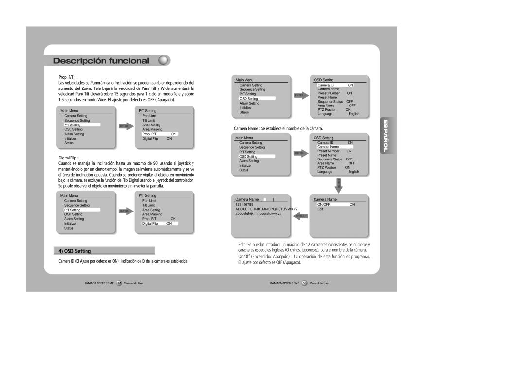 Samsung SPD-3000, SPD-2300 user manual Prop. P/T, Digital Flip, Camera Name Se establece el nombre de la cámara 