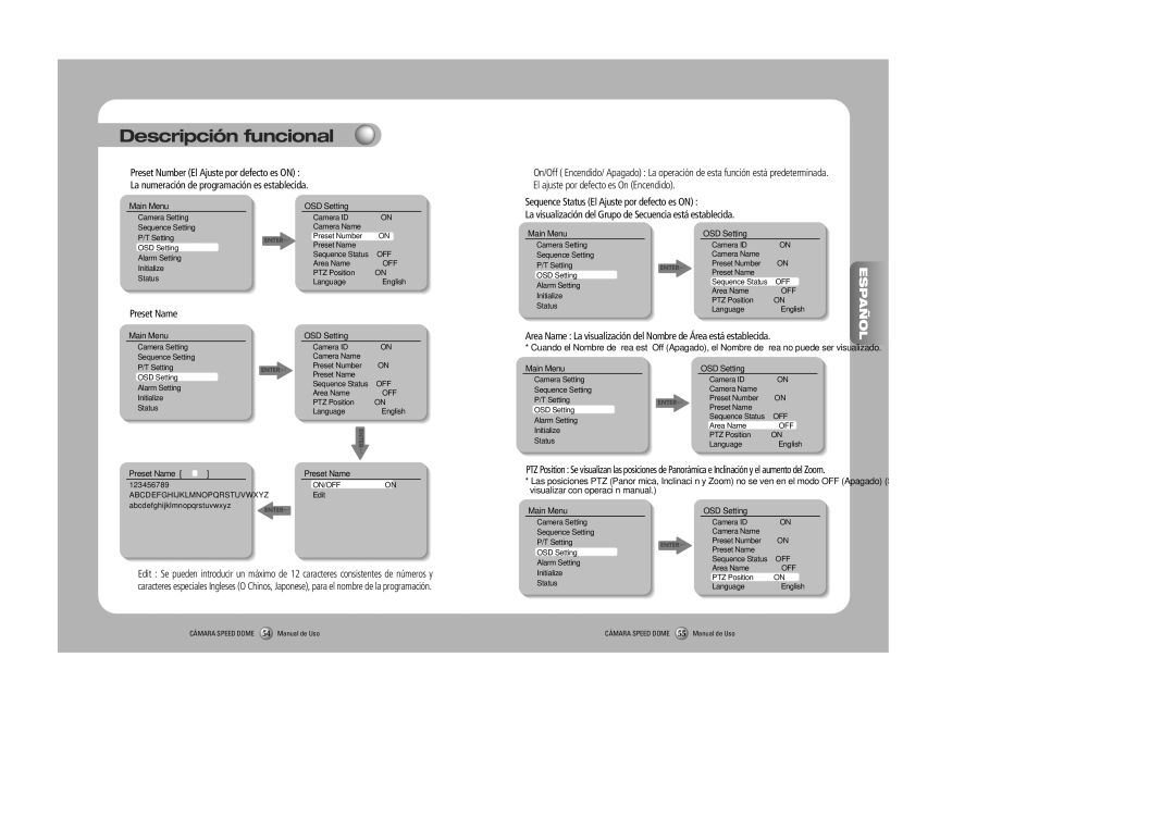 Samsung SPD-2300, SPD-3000 user manual Cámara Speed Dome 54 Manual de Uso 