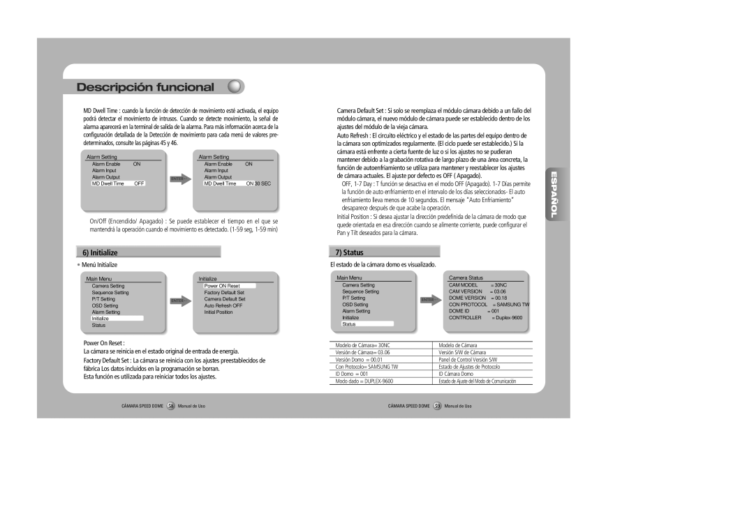 Samsung SPD-2300, SPD-3000 user manual Menú Initialize, Esta función es utilizada para reiniciar todos los ajustes 