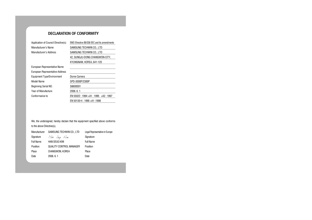 Samsung SPD-2300, SPD-3000 user manual Declaration of Conformity 