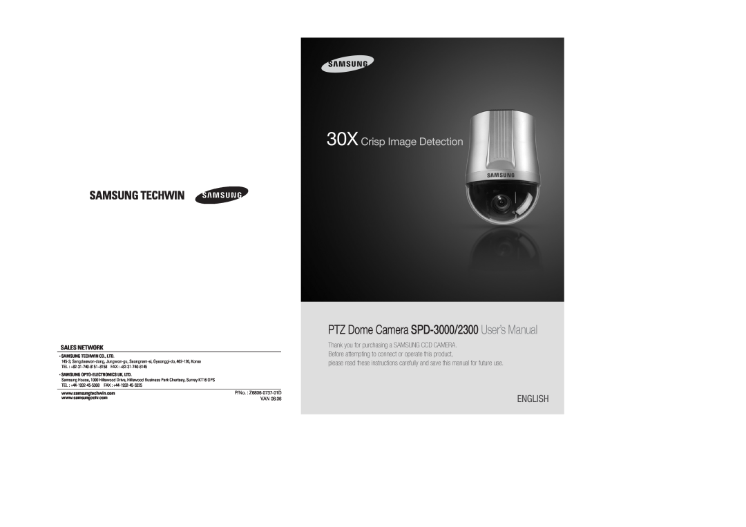 Samsung SPD-3000, SPD-2300 user manual 30X Crisp Image Detection, Thank you for purchasing a SAMSUNG CCD CAMERA, English 