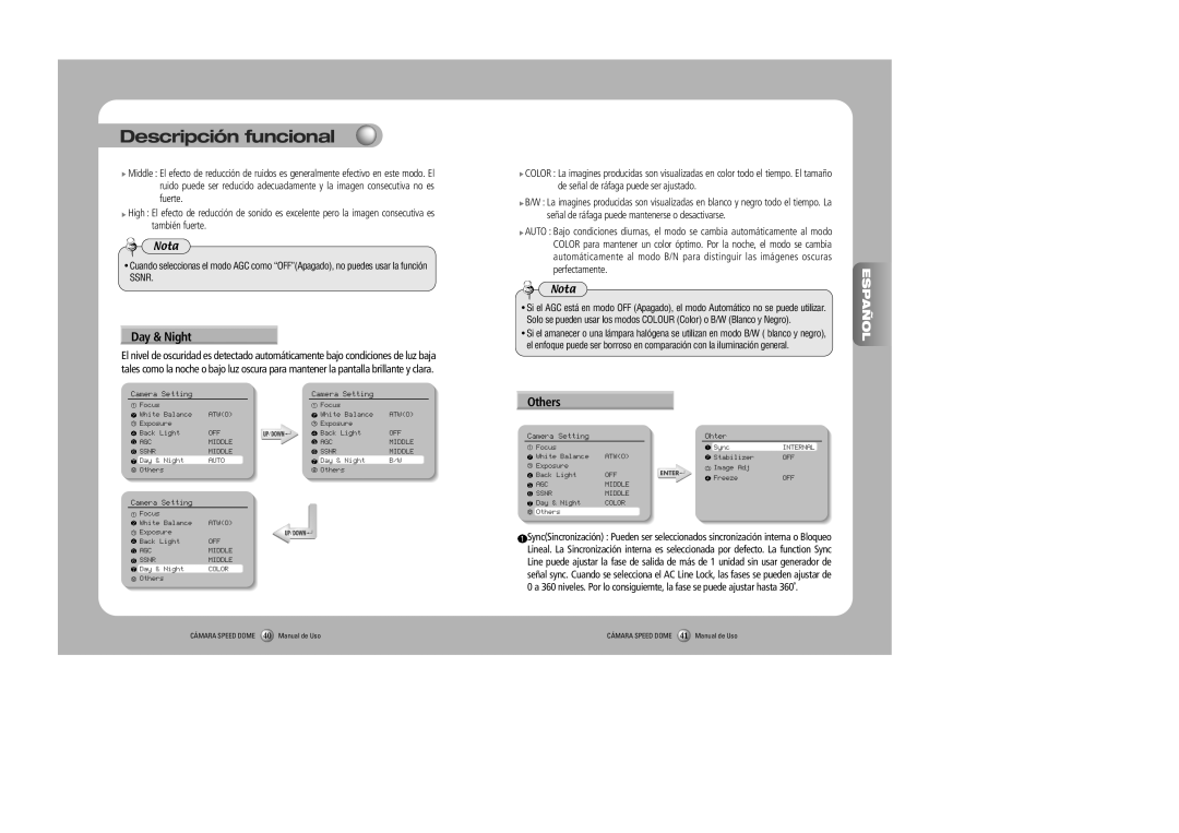 Samsung SPD-3000, SPD-2300 Descripción funcional, Day & Night, Others, Español, CÁMARA SPEED DOME 40 Manual de Uso 