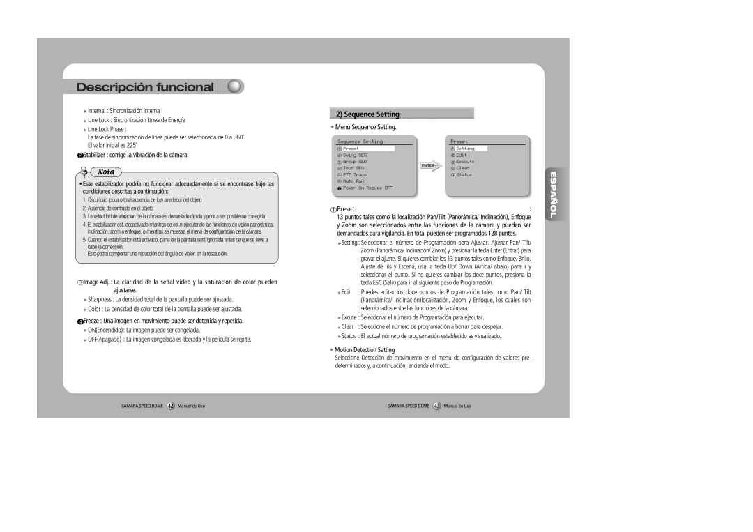 Samsung SPD-2300, SPD-3000 user manual Descripción funcional, Menú Sequence Setting, Español 