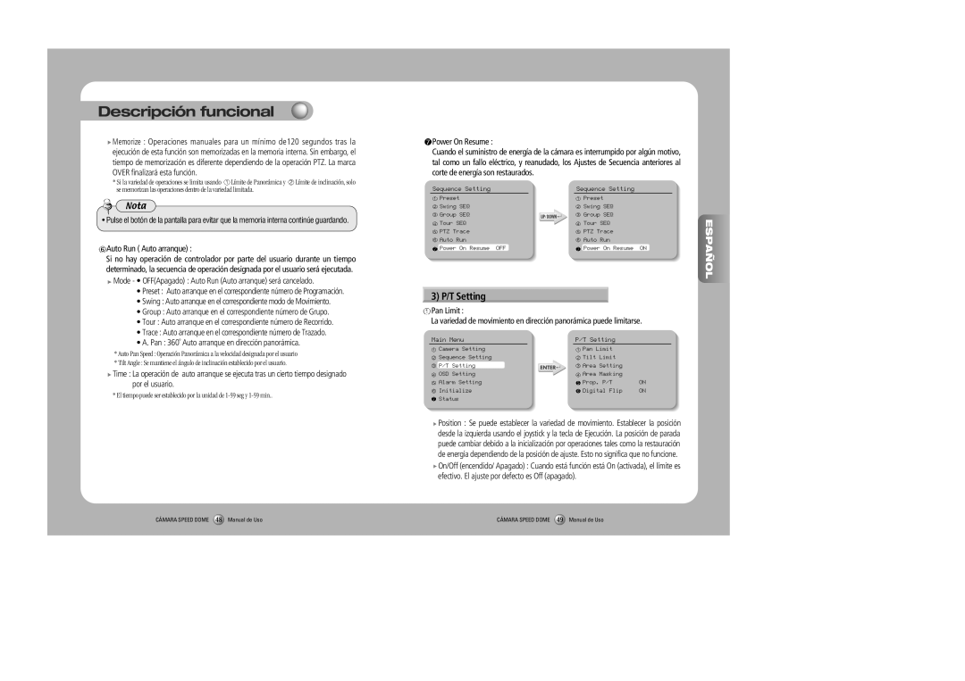 Samsung SPD-3000, SPD-2300 user manual Descripción funcional, 3 P/T Setting, Español, Auto Run Auto arranque 