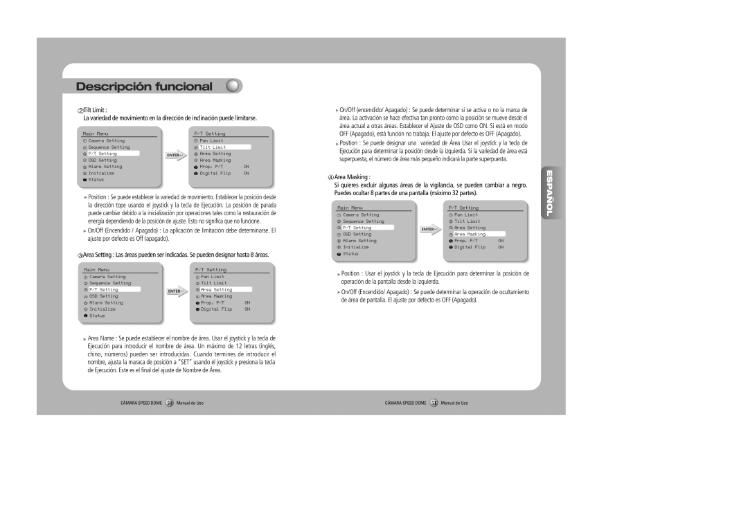 Samsung SPD-2300, SPD-3000 Descripción funcional, Español, Tilt Limit, Area Masking, CÁMARA SPEED DOME 50 Manual de Uso 
