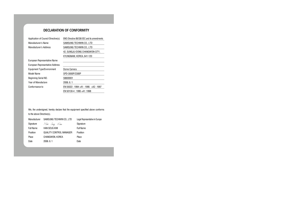 Samsung SPD-2300, SPD-3000 user manual Declaration Of Conformity 