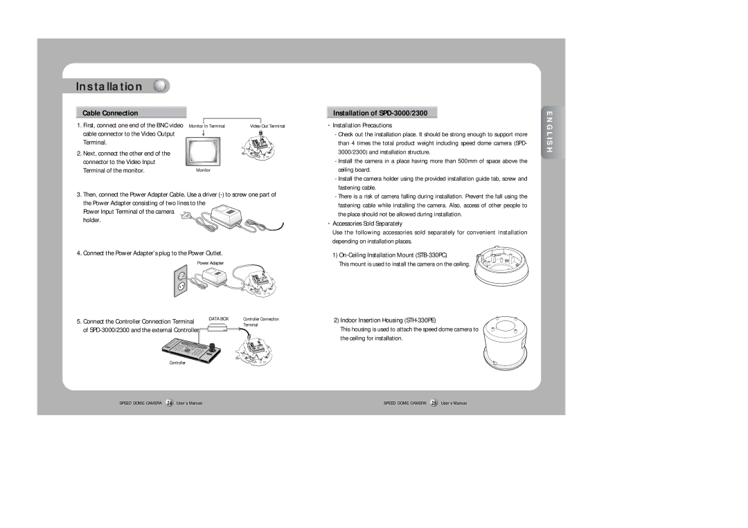 Samsung SPD-2300 Cable Connection, Installation of SPD-3000/2300, 3000/2300 and installation structure, Ceiling board 