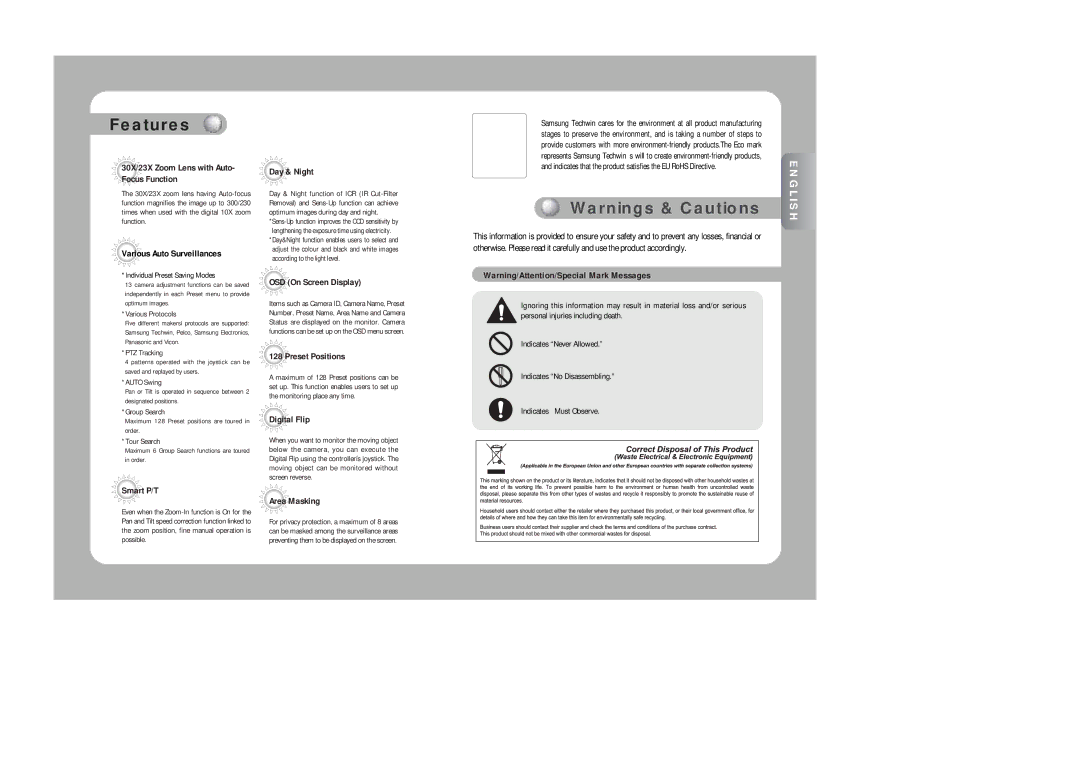 Samsung SPD-2300 user manual Features, 30X/23X Zoom Lens with Auto- Focus Function 