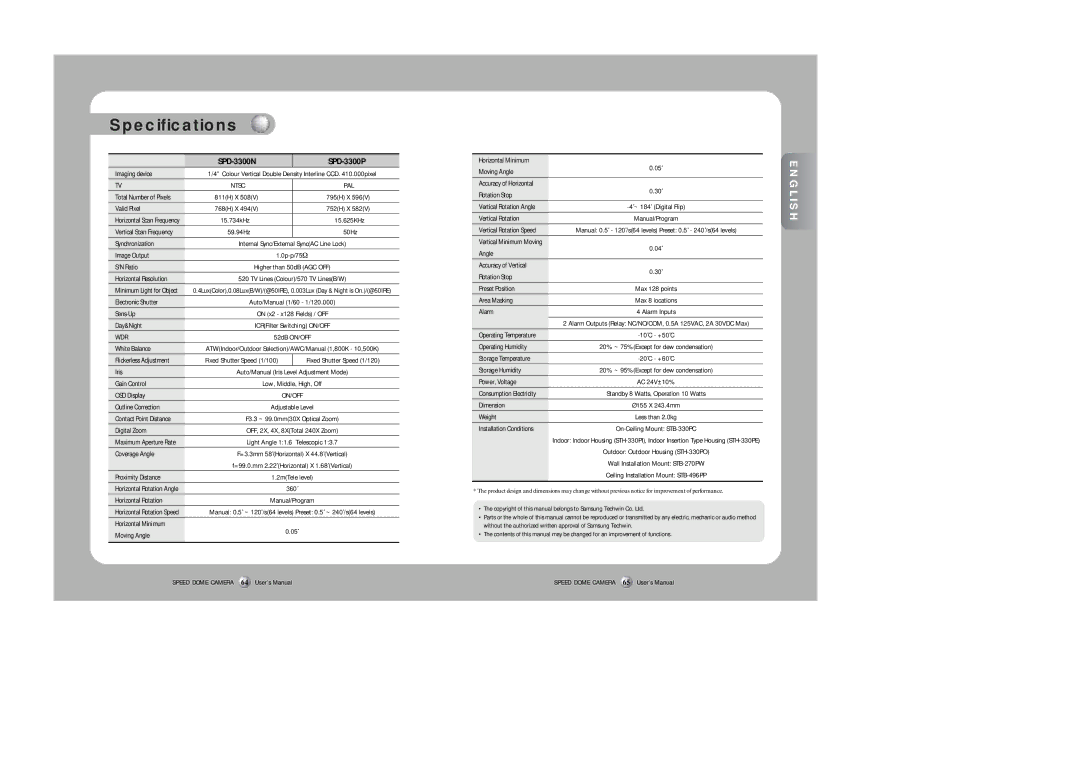 Samsung instruction manual Specifications, SPD-3300N SPD-3300P 