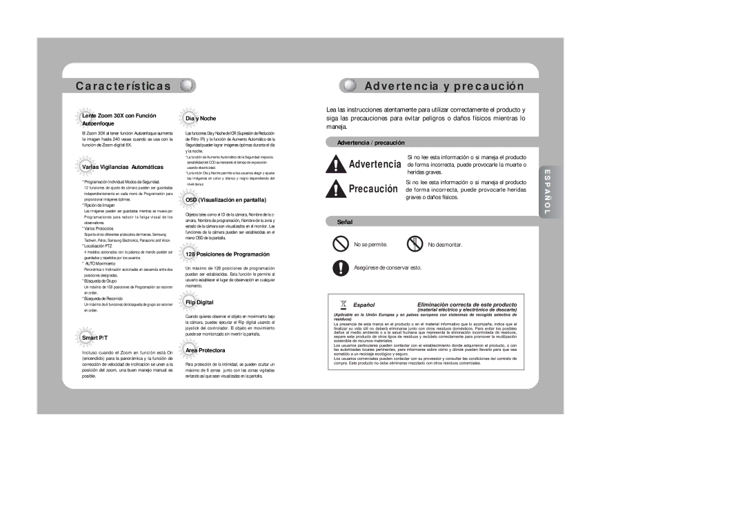 Samsung SPD-3300 instruction manual Características, Advertencia y precaución 