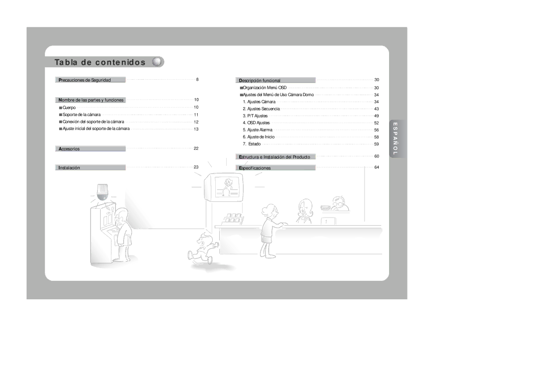 Samsung SPD-3300 Tabla de contenidos, Precauciones de Seguridad, Accesorios Instalación Descripción funcional 