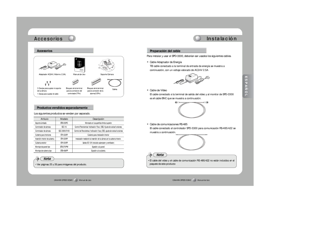 Samsung SPD-3300 instruction manual Instalación, Accesorios Preparación del cable, Productos vendidos separadamente 