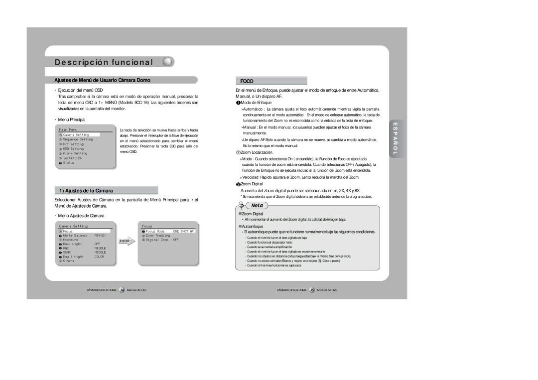 Samsung SPD-3300 Ajustes de Menú de Usuario Cámara Domo, Ajustes de la Cámara, Ejecución del menú OSD, Menú Principal 