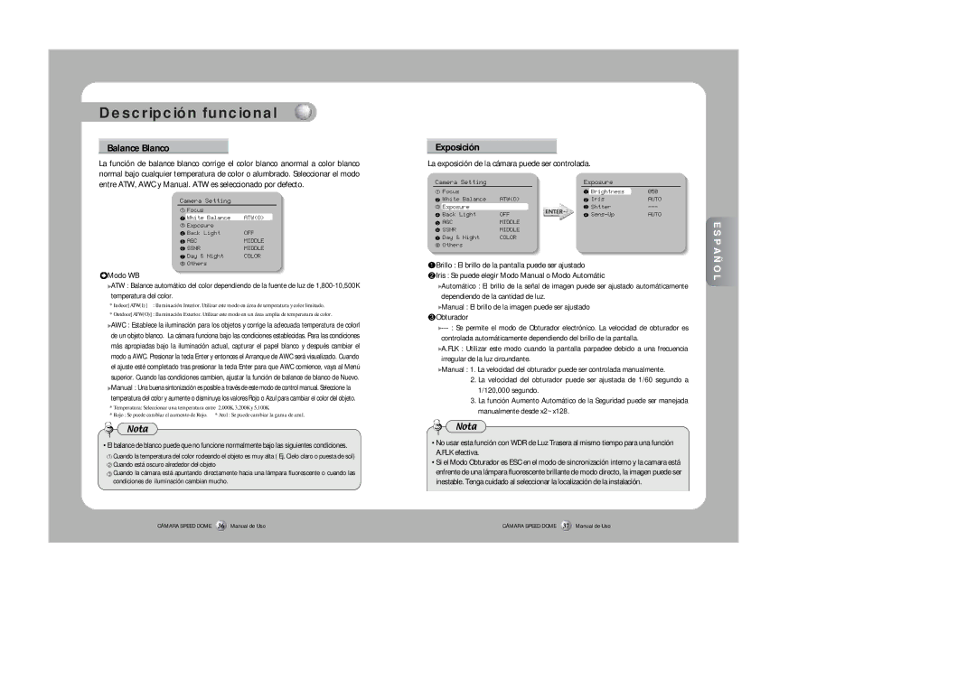 Samsung SPD-3300 instruction manual Balance Blanco, Exposición, La exposición de la cámara puede ser controlada, Modo WB 