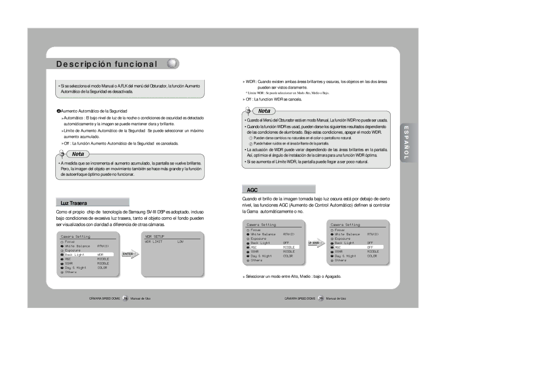 Samsung SPD-3300 instruction manual Luz Trasera, Aumento Automático de la Seguridad, Off La function WDR se cancela 