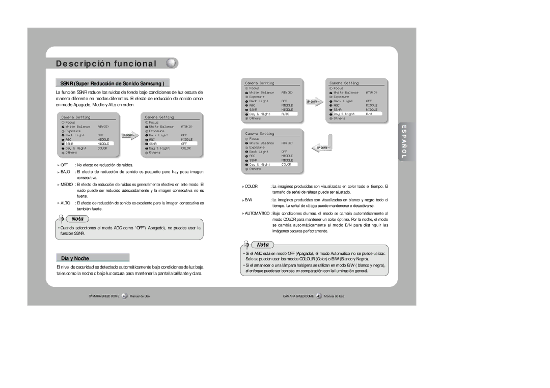 Samsung SPD-3300 instruction manual Ssnr Super Reducción de Sonido Samsung, Día y Noche, Consecutiva, Fuerte 