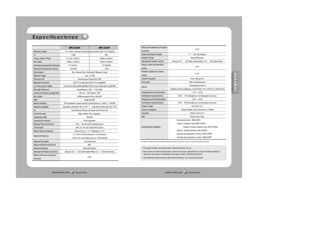 Samsung SPD-3300 instruction manual Especificaciones, Ntsc 