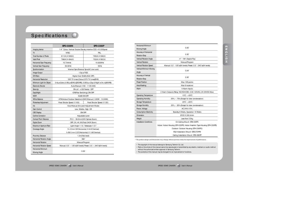 Samsung instruction manual Specifications, SPD-3300N, SPD-3300P 
