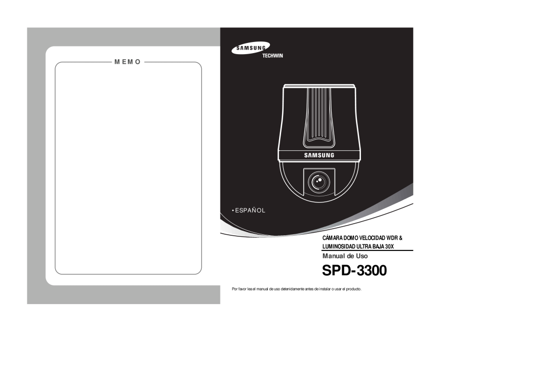 Samsung SPD-3300 instruction manual Memo, Español, Manual de Uso, Cámara Domo Velocidad Wdr Luminosidad Ultra Baja 