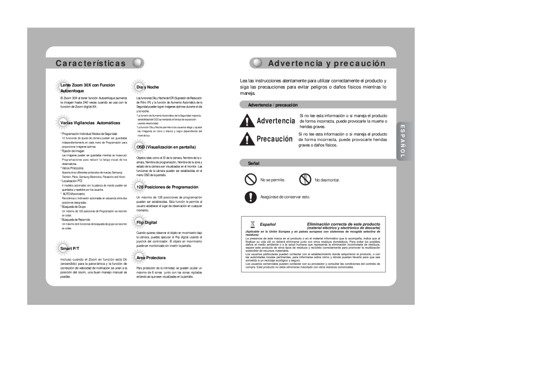 Samsung SPD-3300 Características, Advertencia y precaución, Español, Advertencia Precaución, Advertencia / precaución 