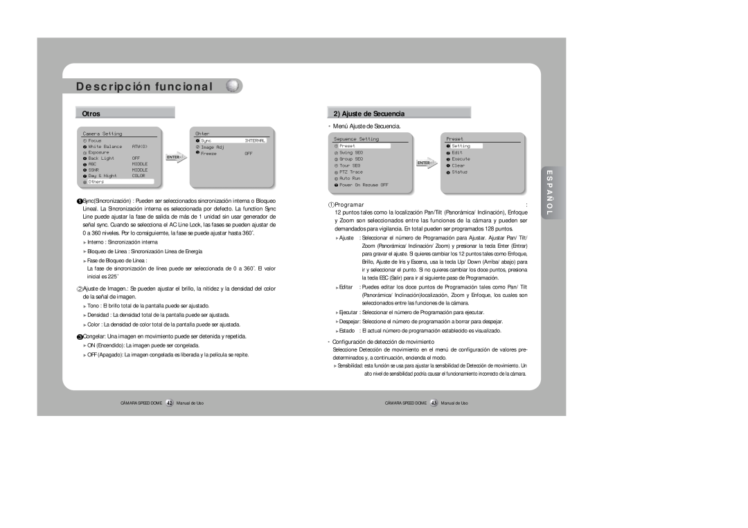 Samsung SPD-3300 instruction manual Otros, Menú Ajuste de Secuencia, Descripción funcional 