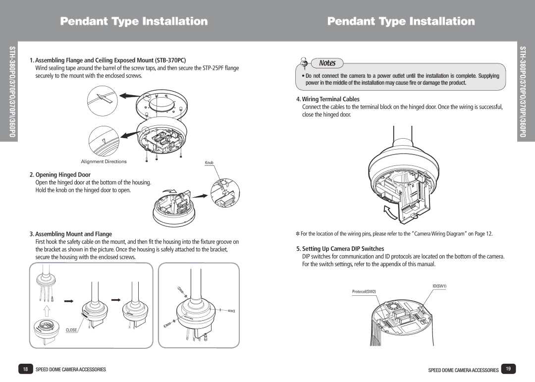 Samsung SPD-3700T installation manual Opening Hinged Door, Assembling Mount and Flange, Setting Up Camera DIP Switches 