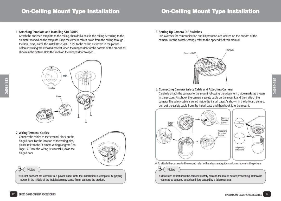 Samsung SPD-3700T Attaching Template and Installing STB-370PC, Connecting Camera Safety Cable and Attaching Camera 