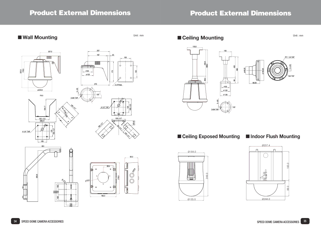 Samsung SPD-3700T installation manual Product External Dimensions, Wall Mounting, Ceiling Mounting 