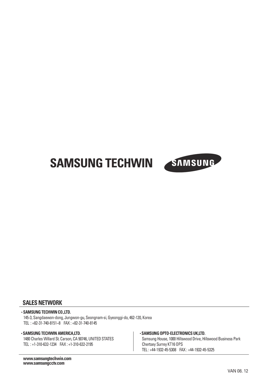 Samsung SPD-3700T installation manual Sales Network 