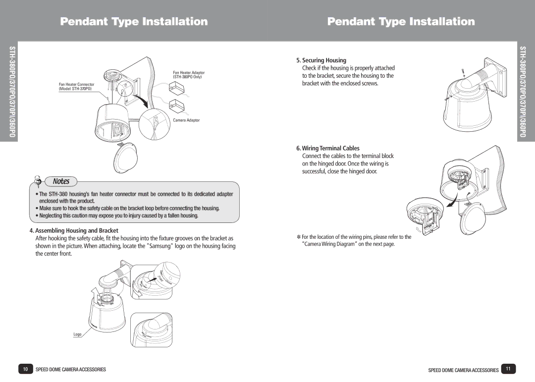 Samsung SPD-3700T installation manual Assembling Housing and Bracket, Securing Housing, Wiring Terminal Cables 