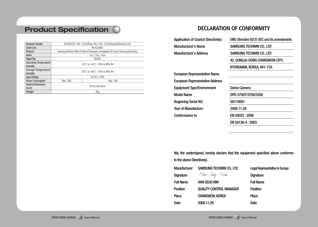 Samsung SPD-3350, SPD-3750 Manufacturers Name Manufacturers Address, Signature Full Name, Position, Place, Date 2008.11.29 