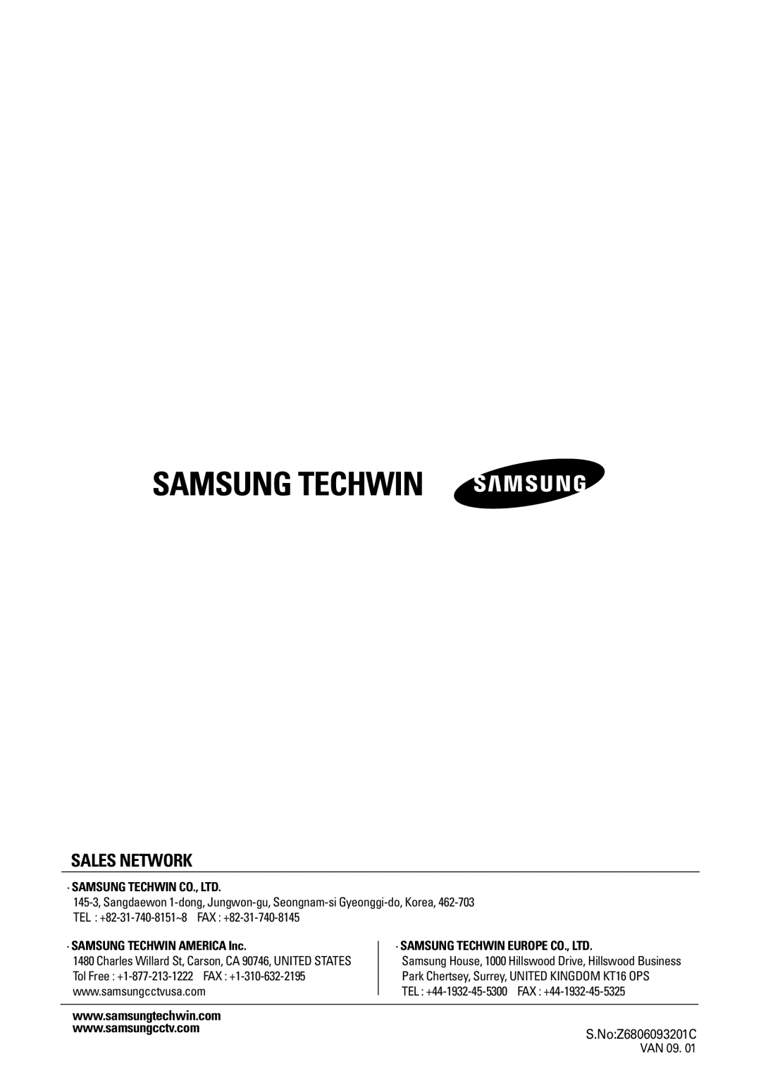 Samsung SPD-3750T, SPD-3350 user manual Sales Network 