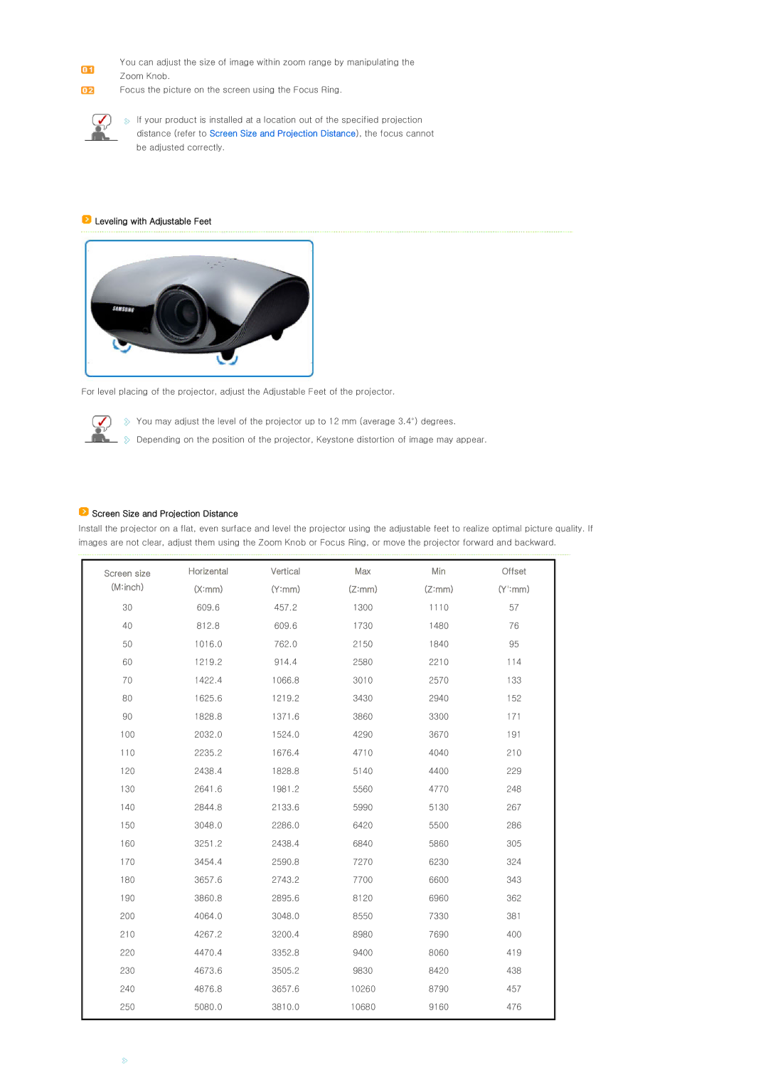 Samsung SPD300BX/EDC, SP-D300BX manual Leveling with Adjustable Feet, Screen Size and Projection Distance 