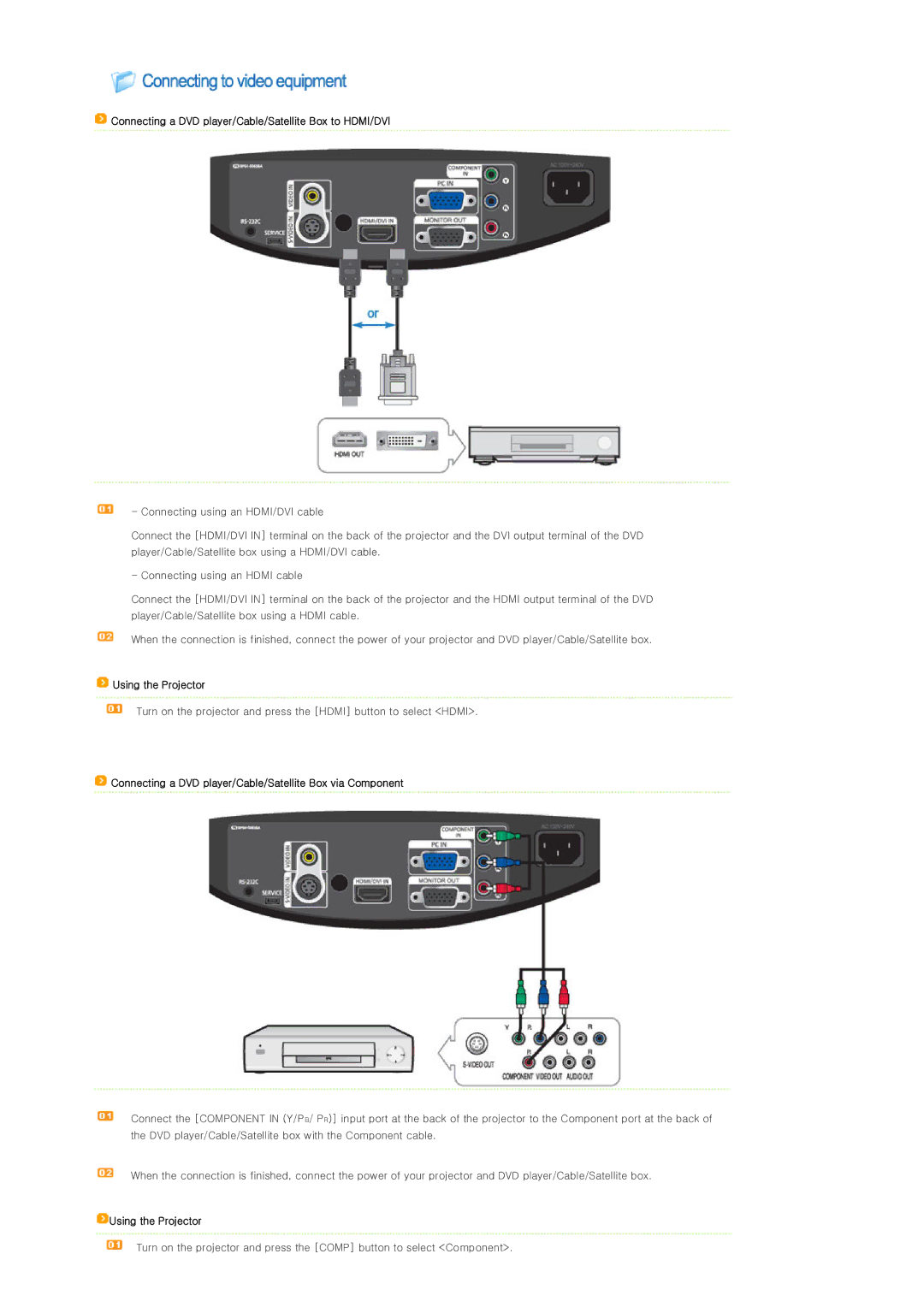 Samsung SP-D300BX, SPD300BX/EDC manual Connecting a DVD player/Cable/Satellite Box to HDMI/DVI, Using the Projector 