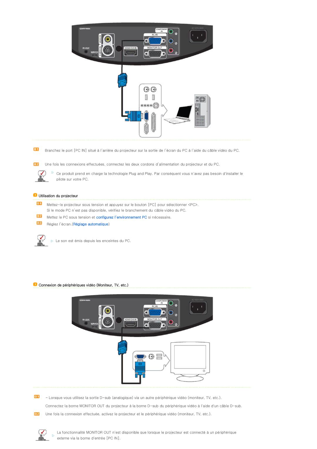 Samsung SPD300BX/EDC manual Réglez l’écran.Réglage automatique, Connexion de périphériques vidéo Moniteur, TV, etc 