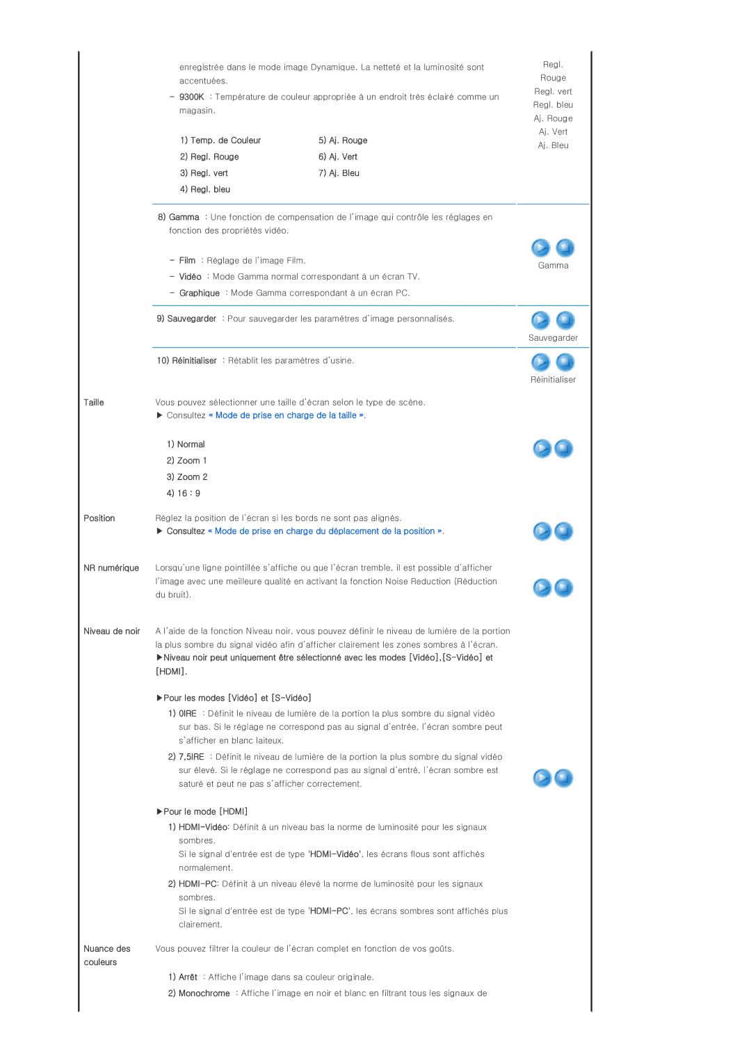 Samsung SPD300BX/EDC manual Temp. de Couleur, Regl. Rouge Aj. Vert Regl. vert Aj. Bleu Regl. bleu, Normal, Zoom 