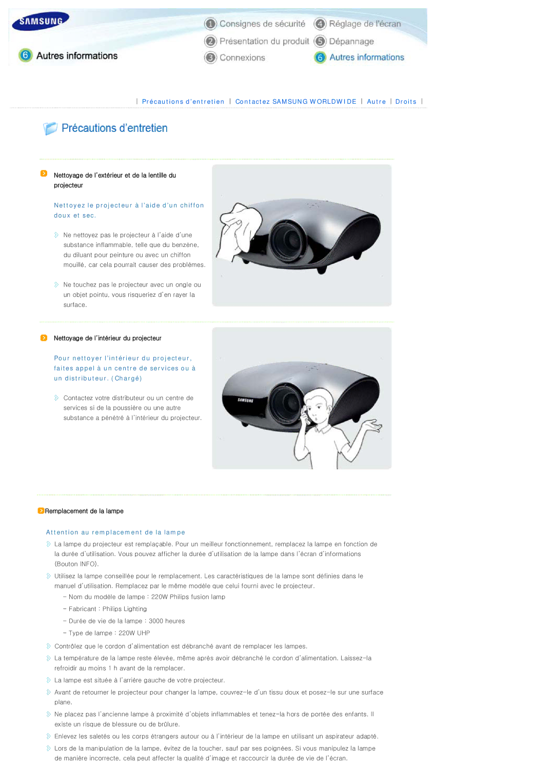 Samsung SPD300BX/EDC Nettoyage de l’extérieur et de la lentille du projecteur, Nettoyage de l’intérieur du projecteur 