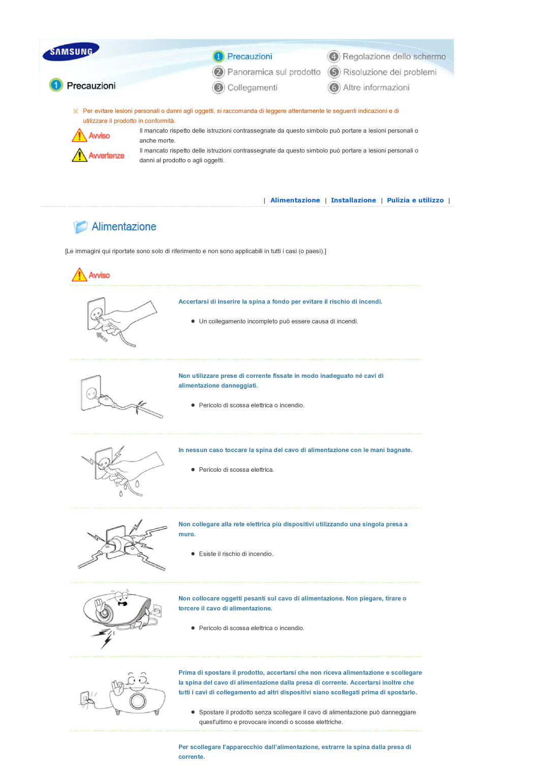 Samsung SPD300BX/EDC manual Alimentazione Installazione Pulizia e utilizzo 